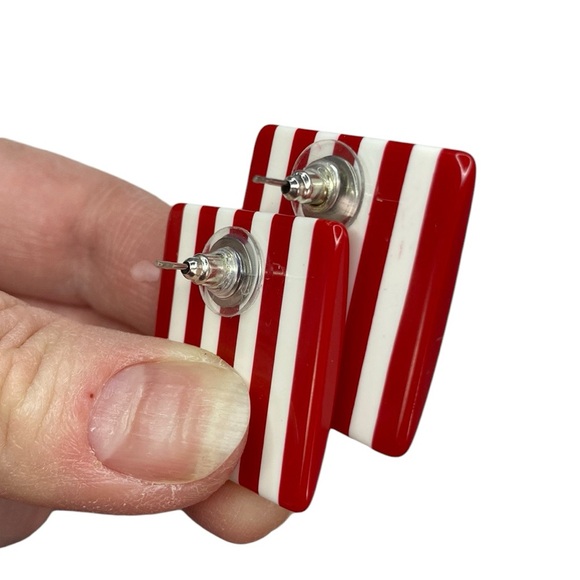 Red and White Striped Large Square Earrings - Picture 7 of 10